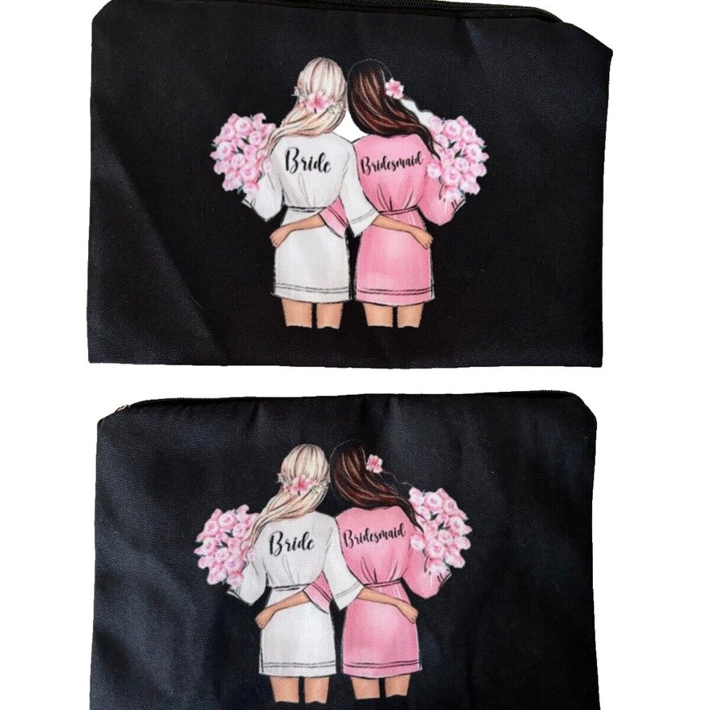 BUNDLE of 2 -Bride & Bridesmaid Black Zip Close Travel Bag Makeup Cosmetic Pouch